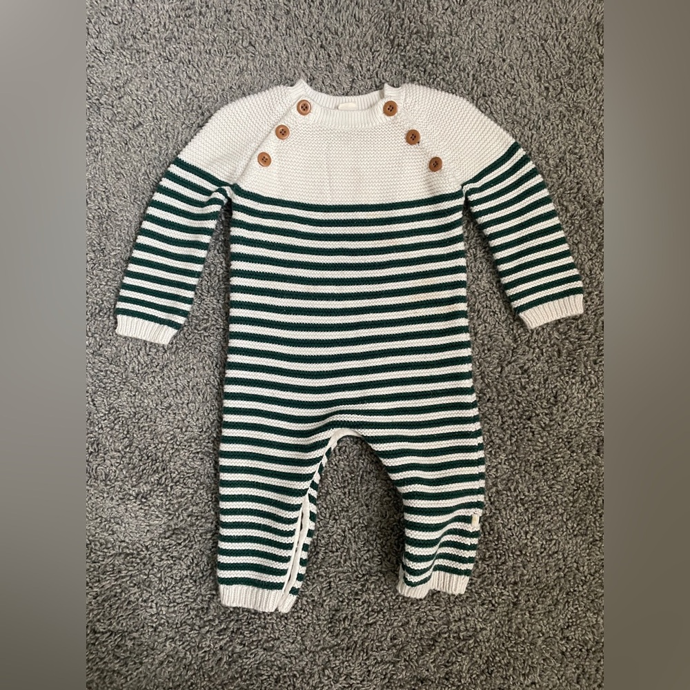 Cozy Knit Striped Green and White Kids Long sleeve Fall Winter Onsie 100% Cotton